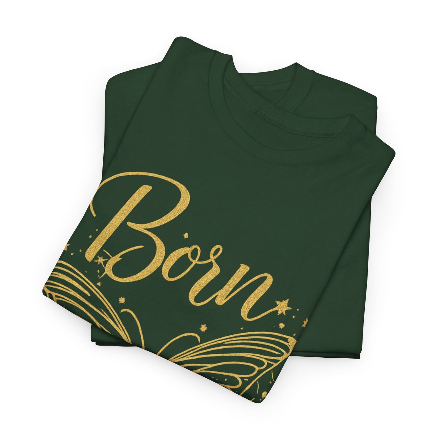 „Born to Shine“ T-Shirt – Damen Shirt mit goldfarbenem Schmetterling & handgeschriebenem Schriftzug