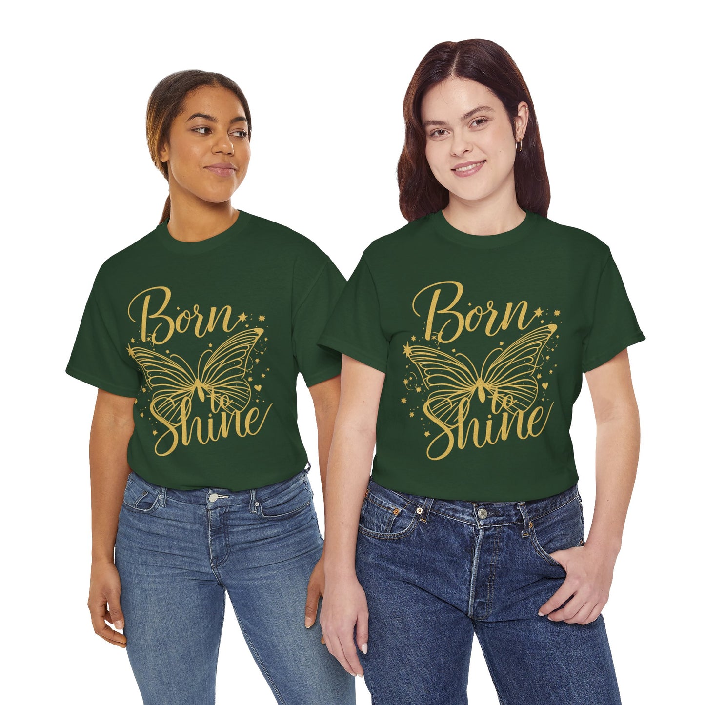 „Born to Shine“ T-Shirt – Damen Shirt mit goldfarbenem Schmetterling & handgeschriebenem Schriftzug