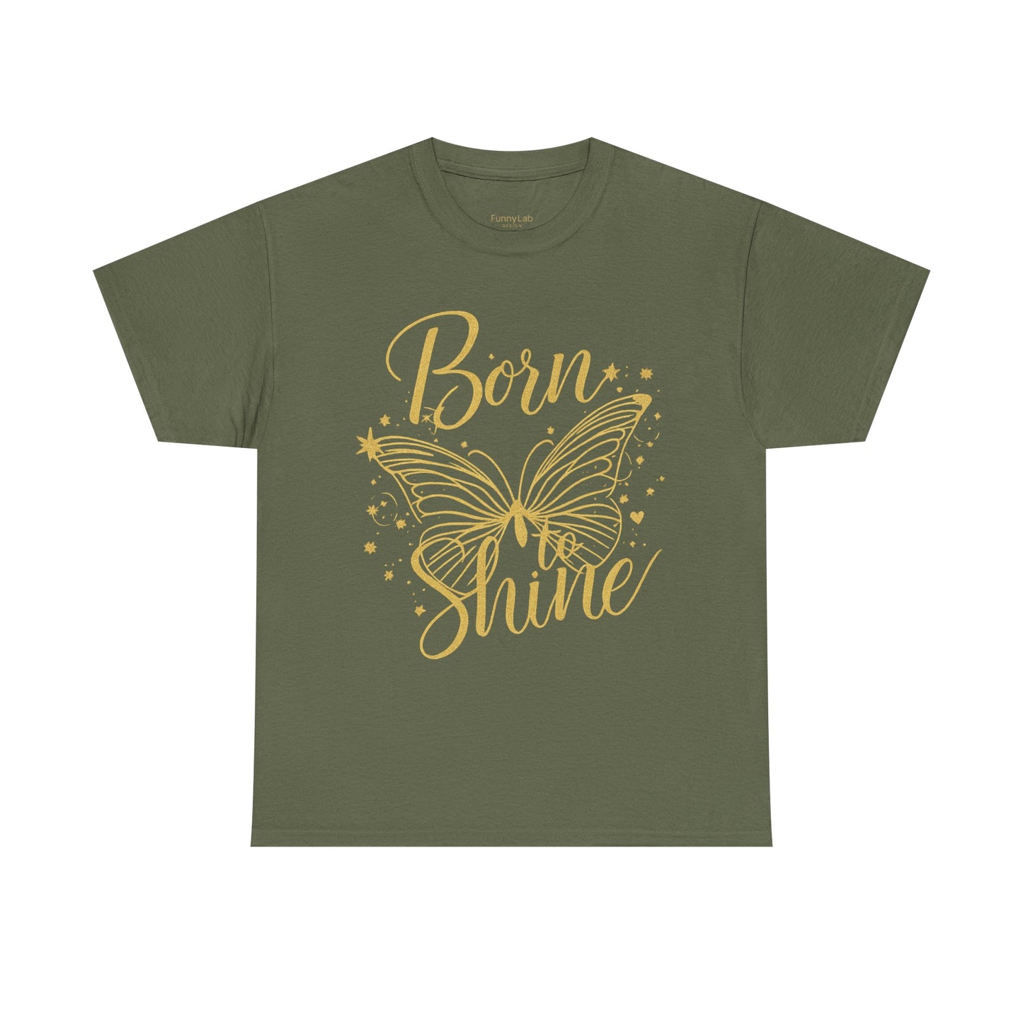 „Born to Shine“ T-Shirt – Damen Shirt mit goldfarbenem Schmetterling & handgeschriebenem Schriftzug