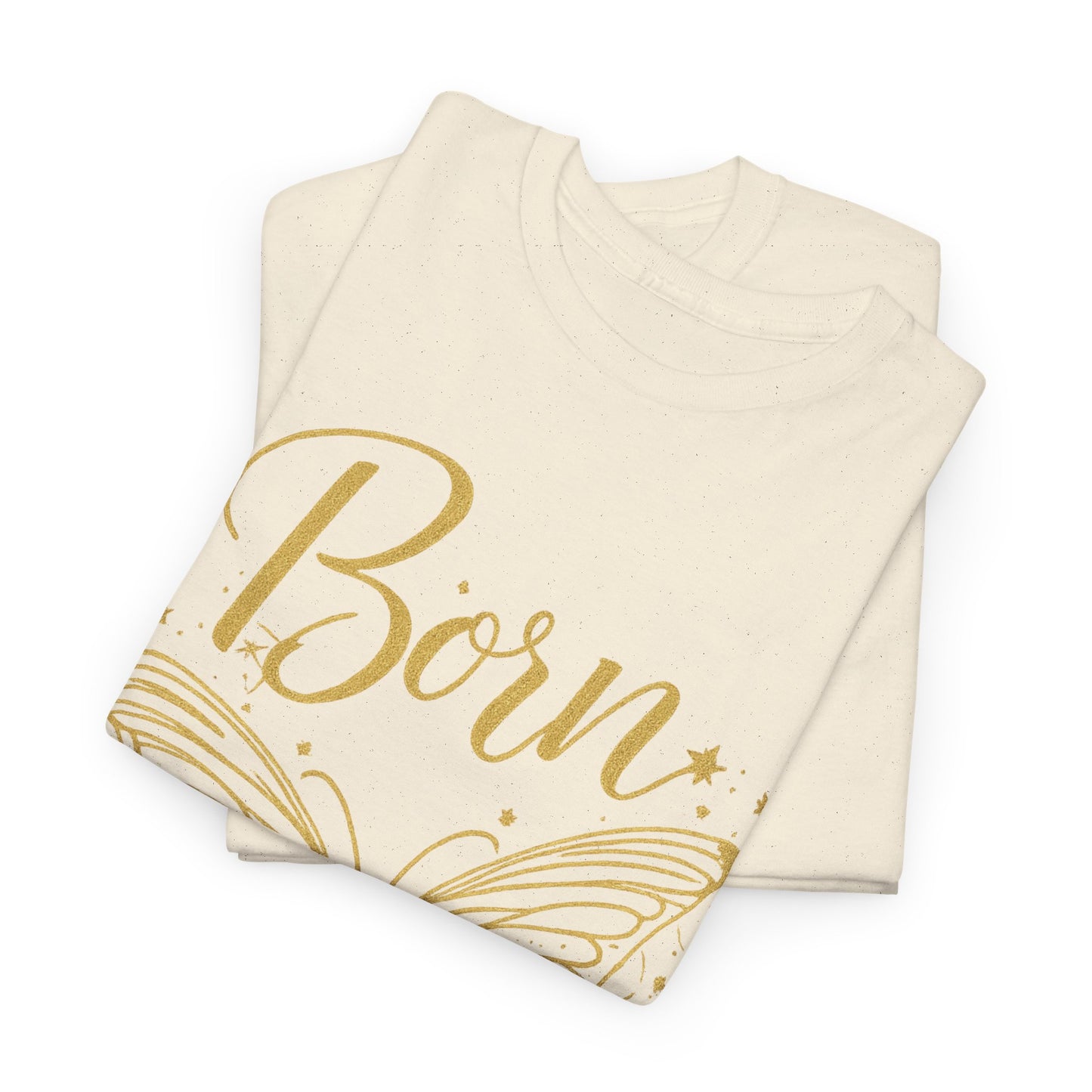 „Born to Shine“ T-Shirt – Damen Shirt mit goldfarbenem Schmetterling & handgeschriebenem Schriftzug