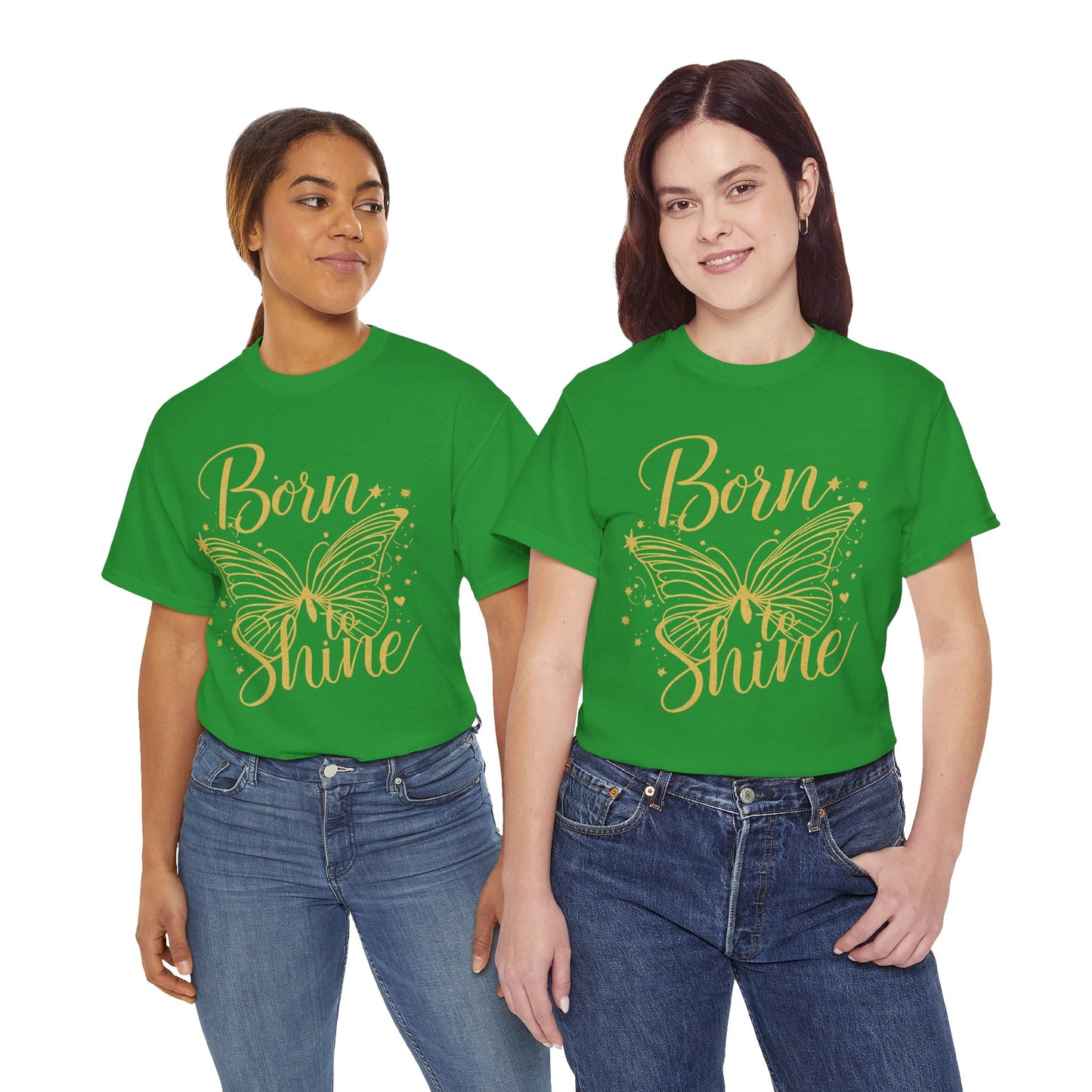 „Born to Shine“ T-Shirt – Damen Shirt mit goldfarbenem Schmetterling & handgeschriebenem Schriftzug