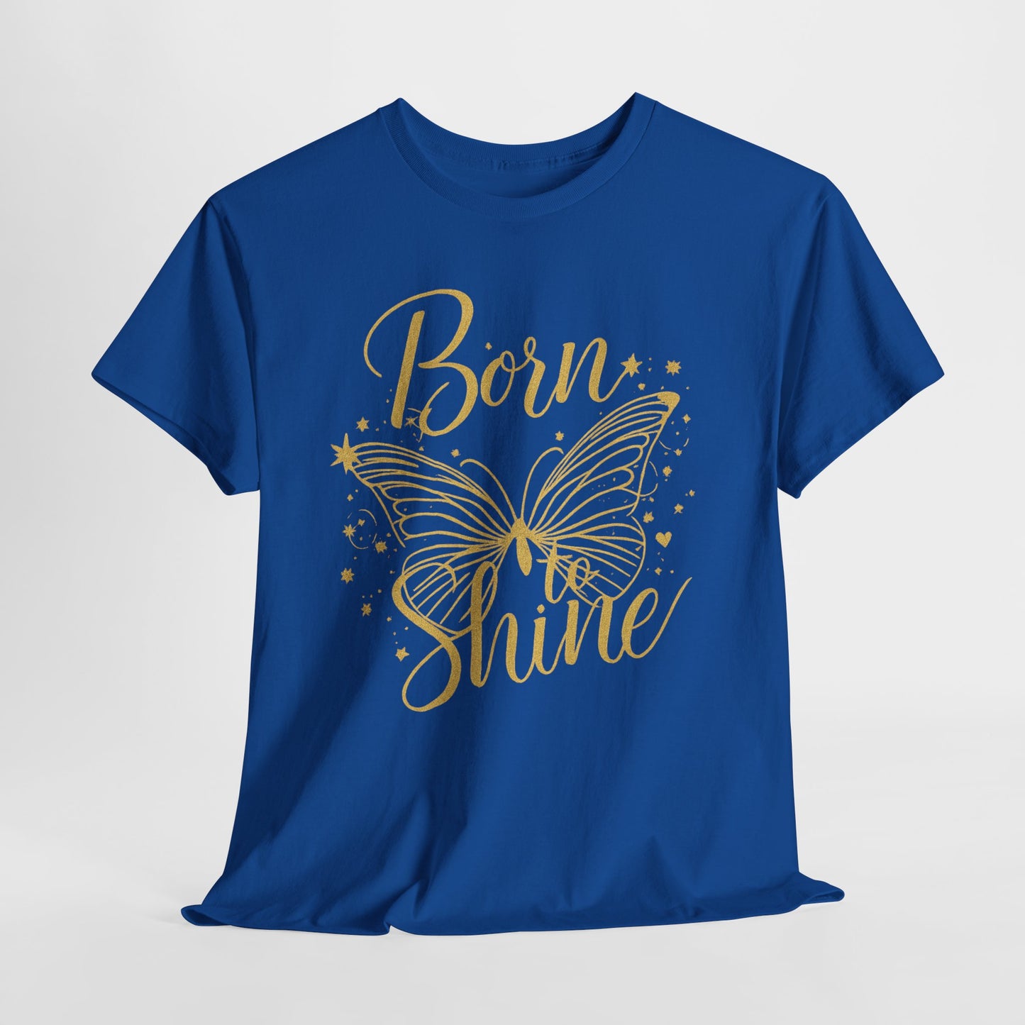 „Born to Shine“ T-Shirt – Damen Shirt mit goldfarbenem Schmetterling & handgeschriebenem Schriftzug