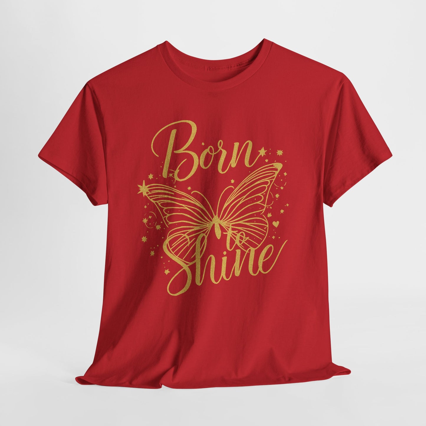 „Born to Shine“ T-Shirt – Damen Shirt mit goldfarbenem Schmetterling & handgeschriebenem Schriftzug