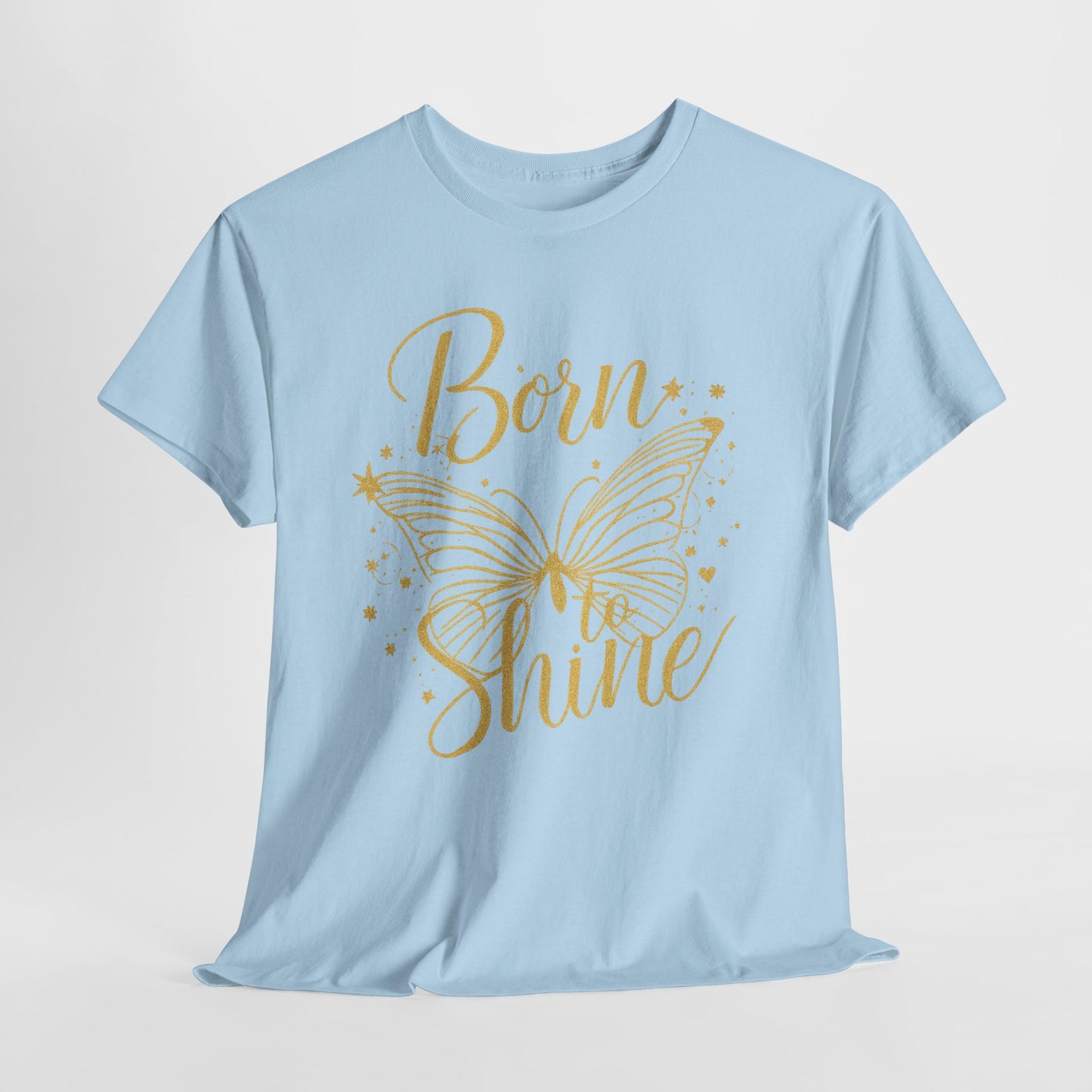 „Born to Shine“ T-Shirt – Damen Shirt mit goldfarbenem Schmetterling & handgeschriebenem Schriftzug