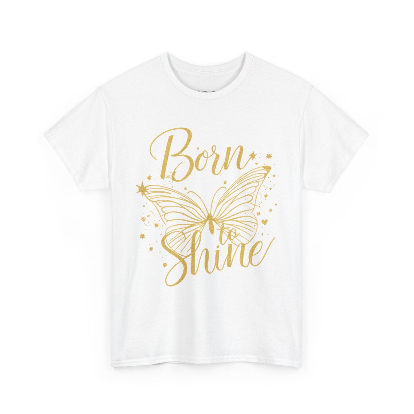„Born to Shine“ T-Shirt – Damen Shirt mit goldfarbenem Schmetterling & handgeschriebenem Schriftzug