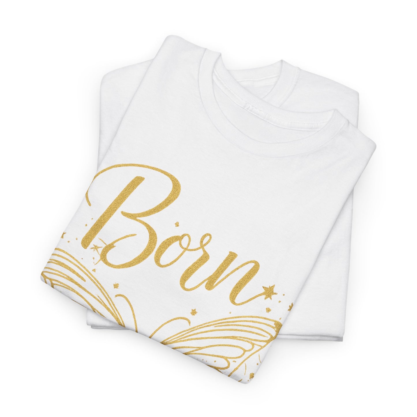 „Born to Shine“ T-Shirt – Damen Shirt mit goldfarbenem Schmetterling & handgeschriebenem Schriftzug