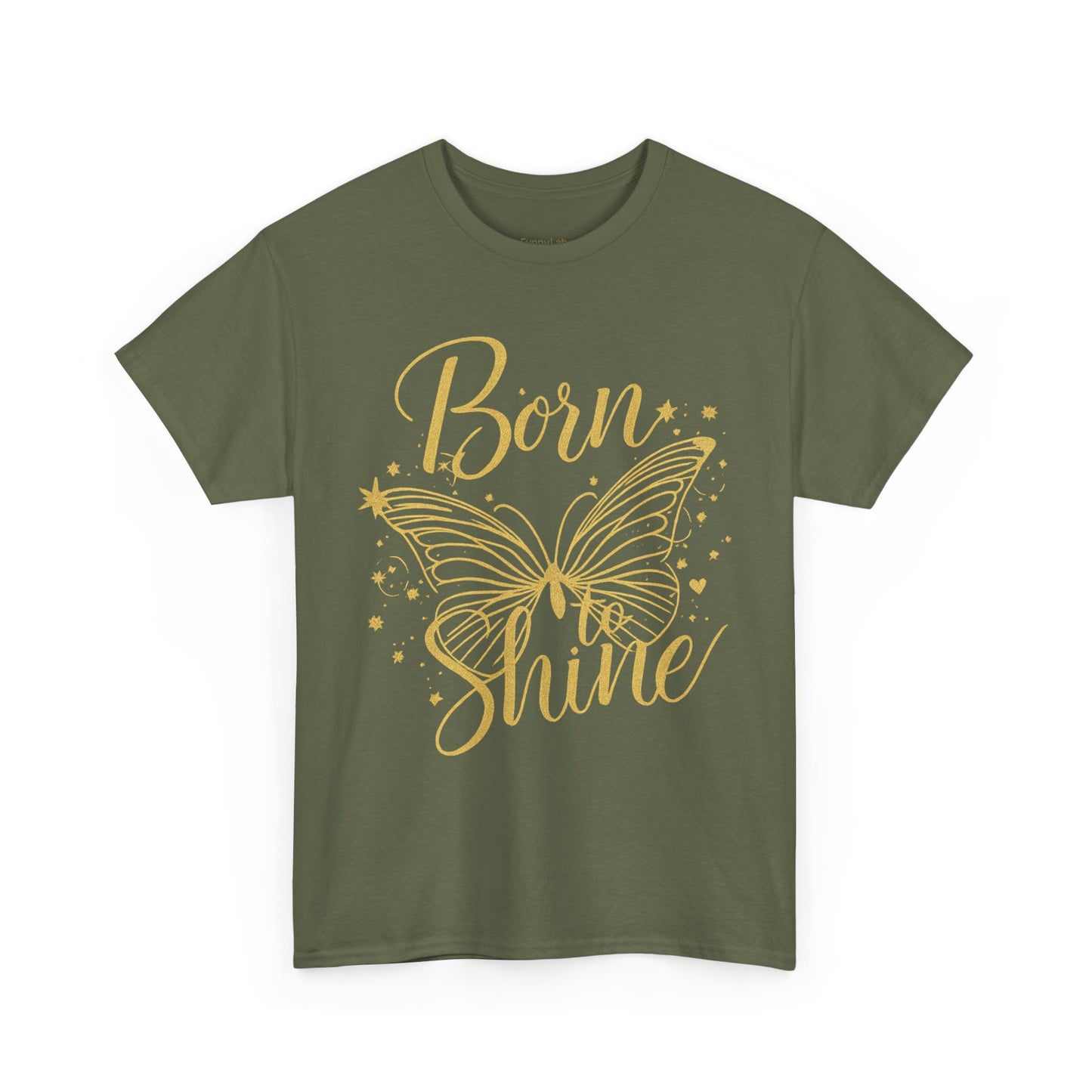 „Born to Shine“ T-Shirt – Damen Shirt mit goldfarbenem Schmetterling & handgeschriebenem Schriftzug